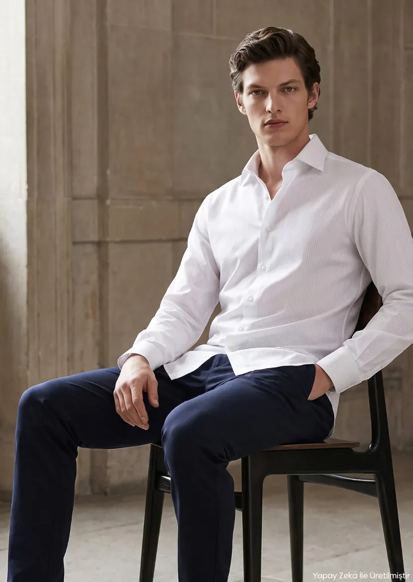White Regular Fit Long Weaving Classical 100% Cotton Shirt - RAMSEY