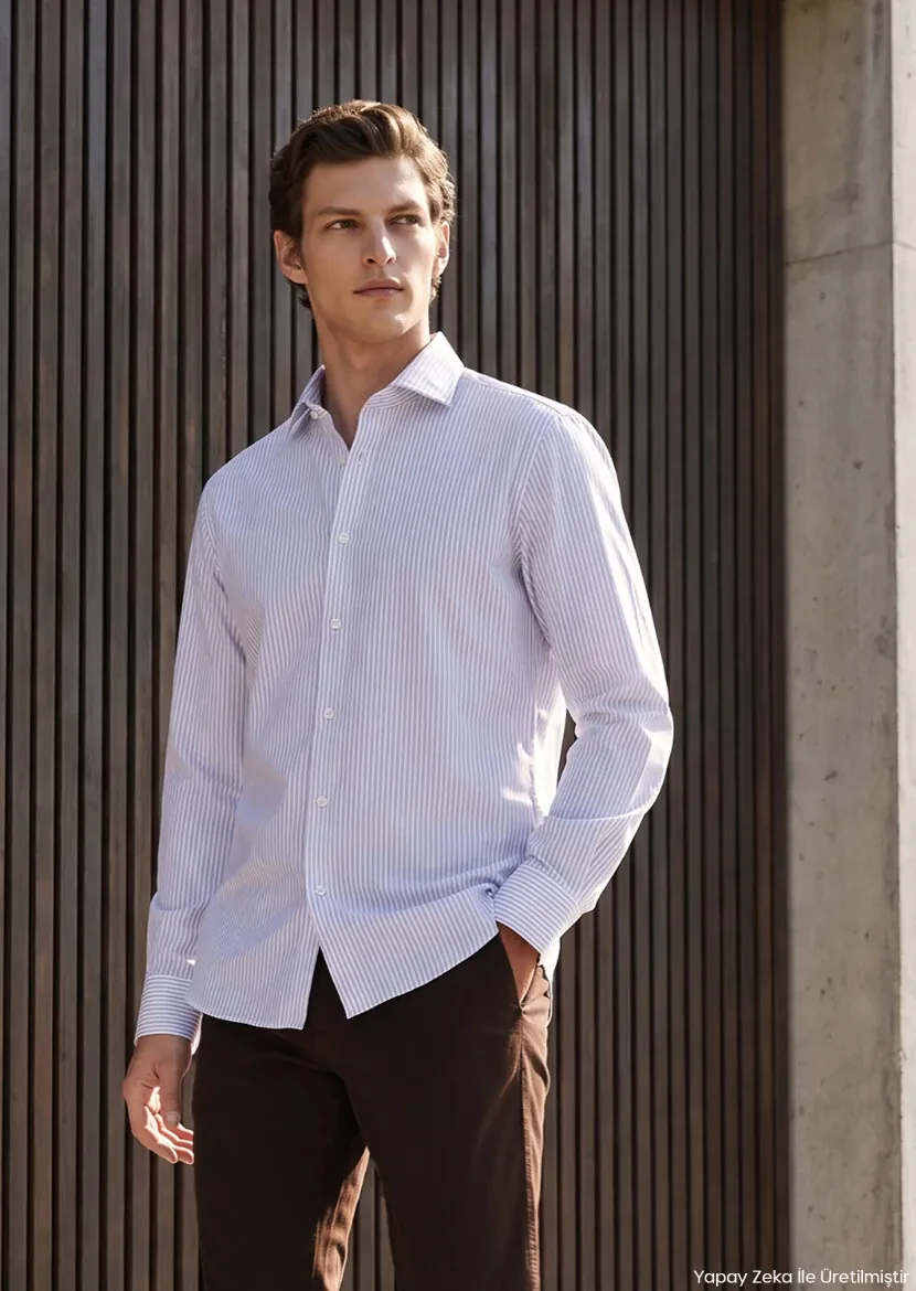 White Regular Fit Long Weaving Classical 100% Cotton Shirt - RAMSEY