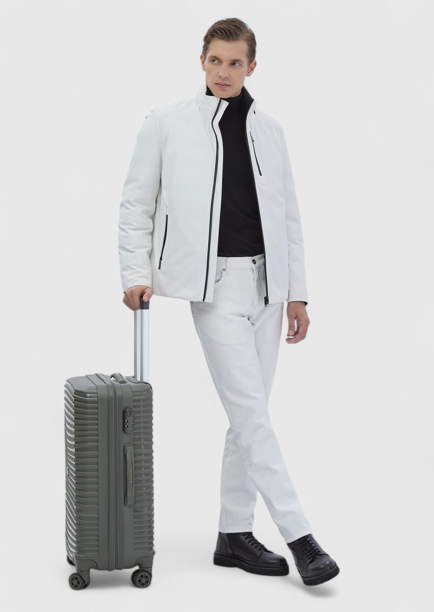 White Regular Fit Turtleneck Casual Weaving Double-Sided Coat - 1