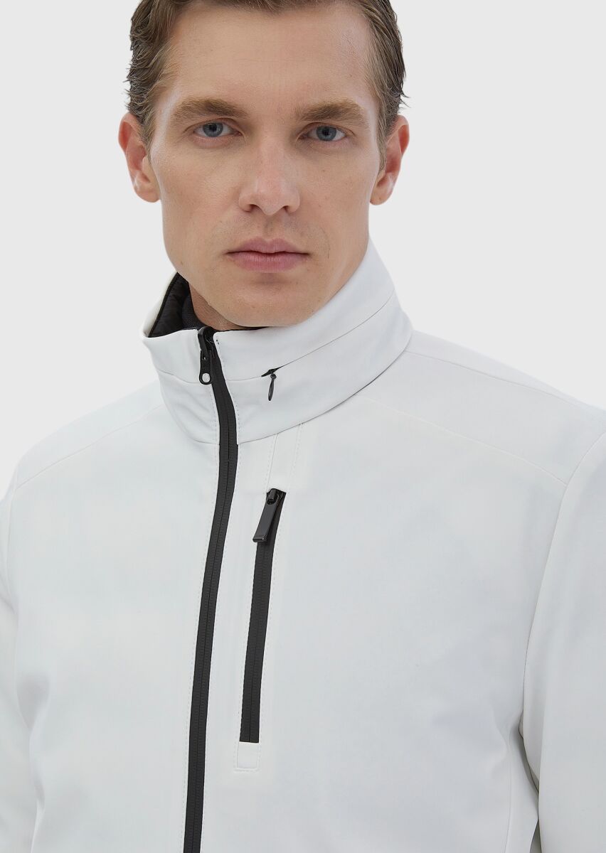 White Regular Fit Turtleneck Casual Weaving Double-Sided Coat - 6