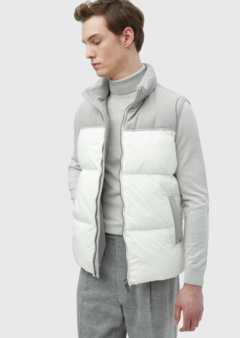 White Regular Fit Turtleneck Casual Weaving Puffer Vest - 3
