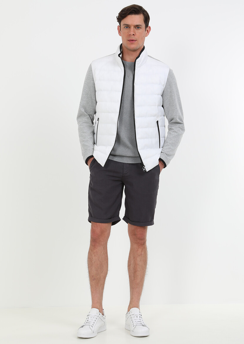 White Regular Fit Turtleneck Denim Weaving Puffer Coat - 1