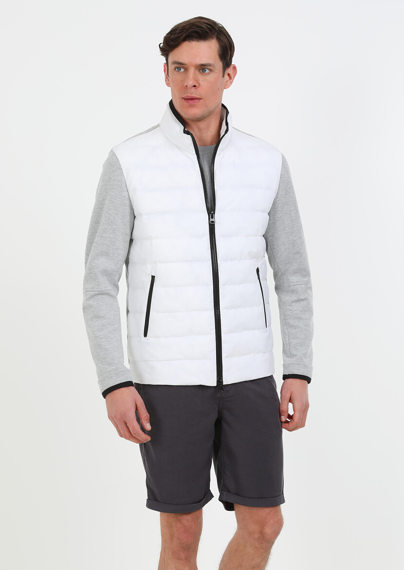 White Regular Fit Turtleneck Denim Weaving Puffer Coat - 2