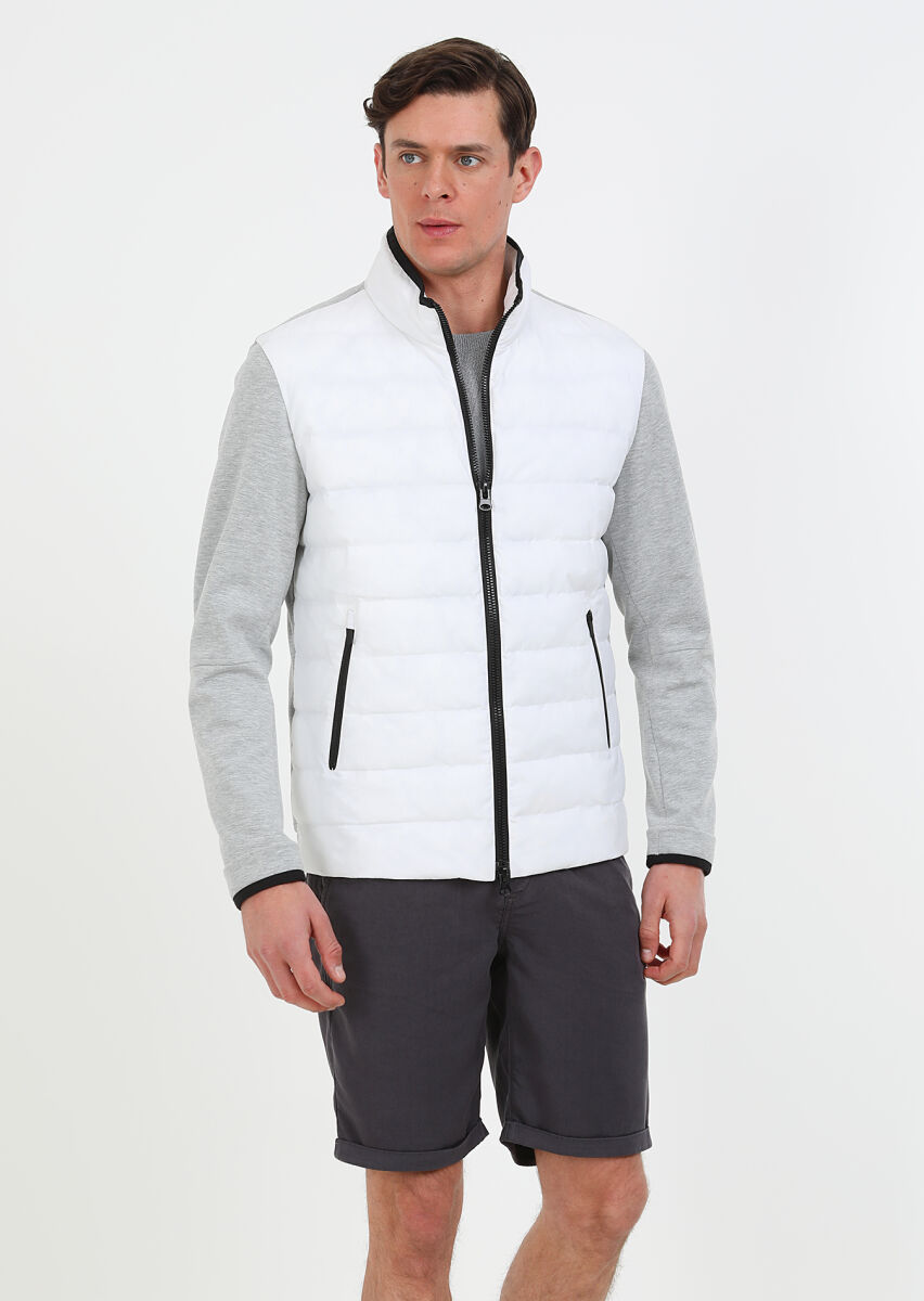White Regular Fit Turtleneck Denim Weaving Puffer Coat - 2