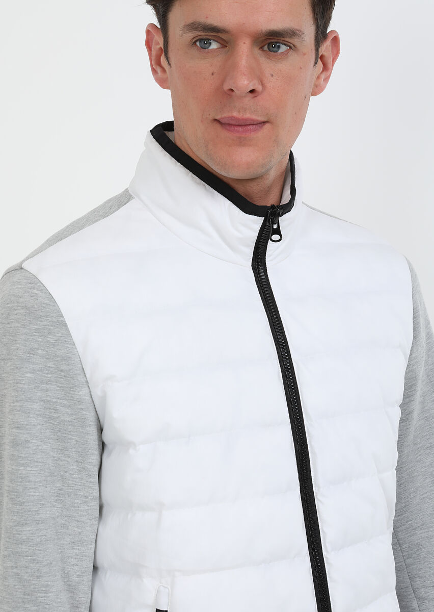 White Regular Fit Turtleneck Denim Weaving Puffer Coat - 3