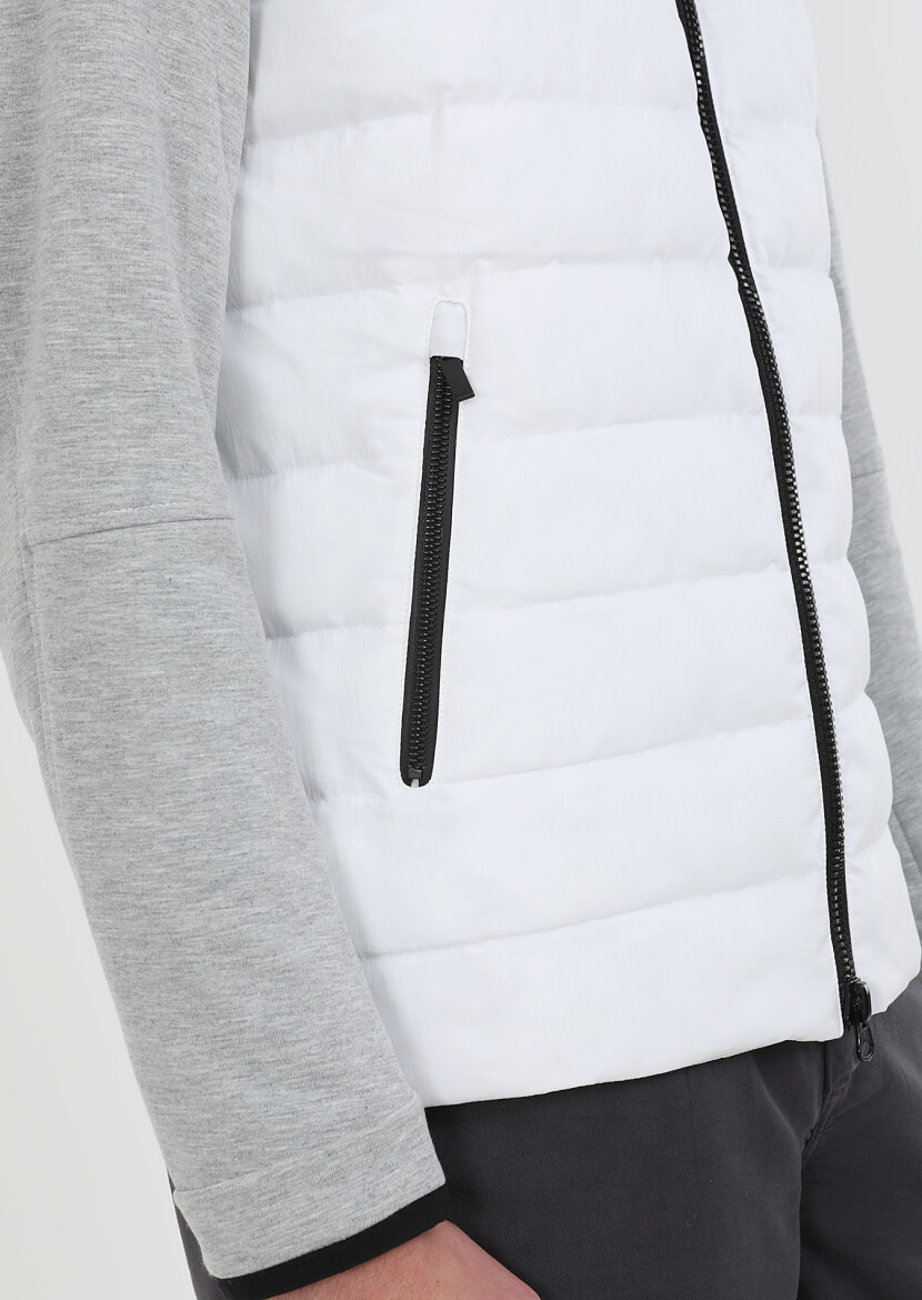White Regular Fit Turtleneck Denim Weaving Puffer Coat - 4
