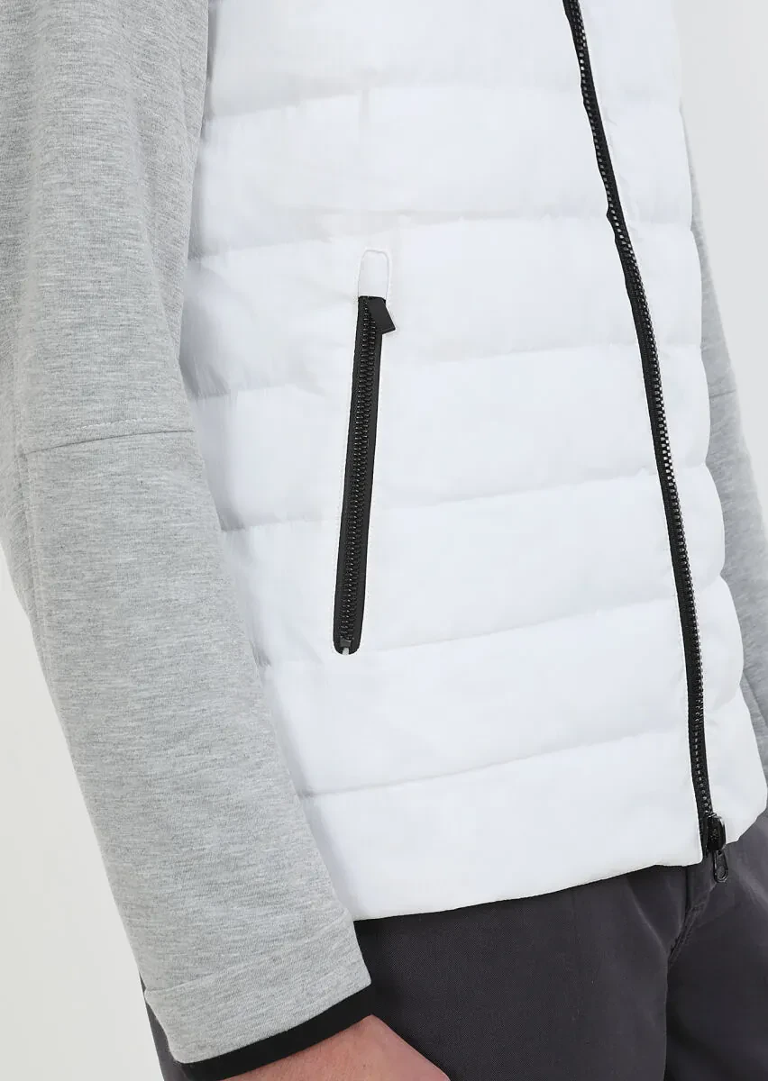 White Regular Fit Turtleneck Denim Weaving Puffer Coat - 4