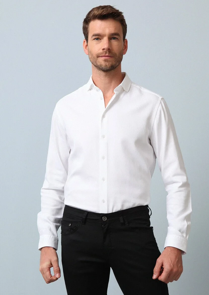 White Regular Fit Weaving Casual Cotton Blended Shirt - 1