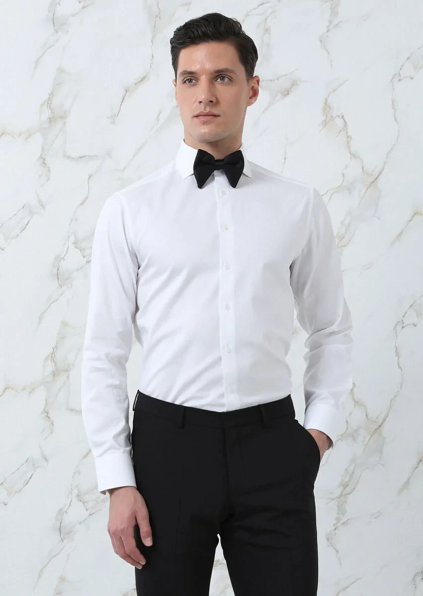 White Regular Fit Weaving Classical 100% Cotton Shirt - 2