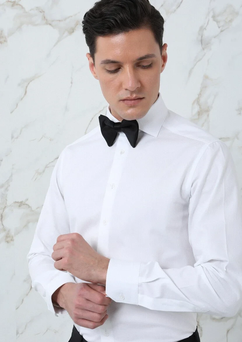 White Regular Fit Weaving Classical 100% Cotton Shirt - 3