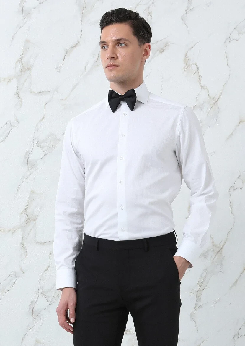 White Regular Fit Weaving Classical 100% Cotton Shirt - 4