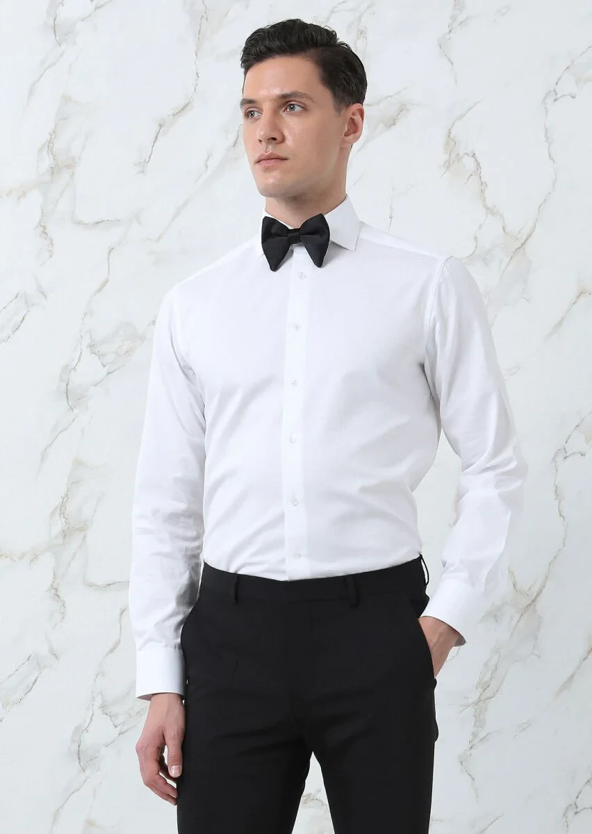 White Regular Fit Weaving Classical 100% Cotton Shirt - 4