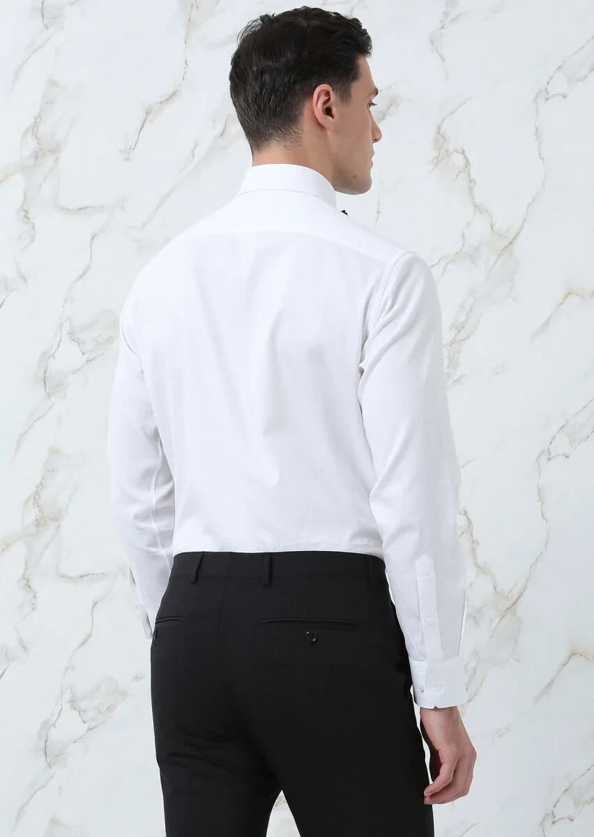 White Regular Fit Weaving Classical 100% Cotton Shirt - 5