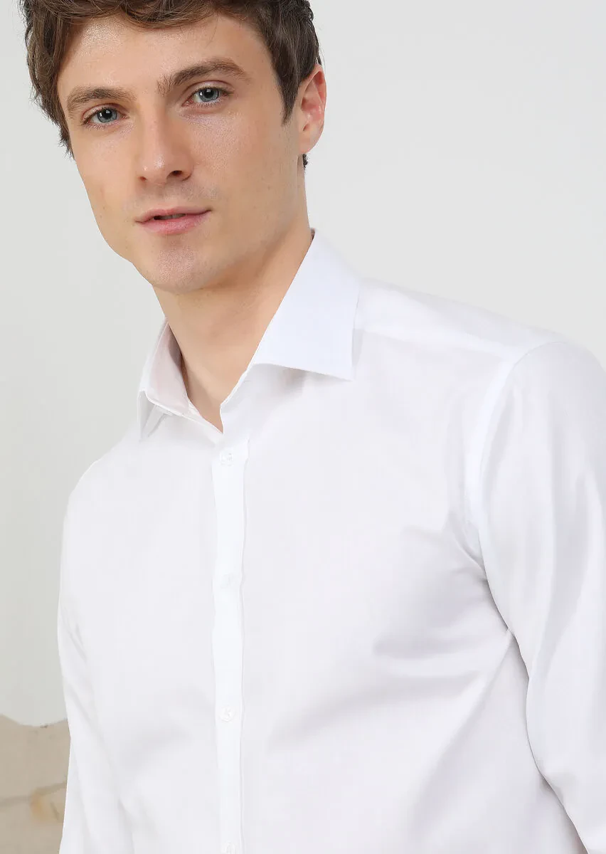 White Regular Fit Weaving Classical 100% Cotton Shirt - 1