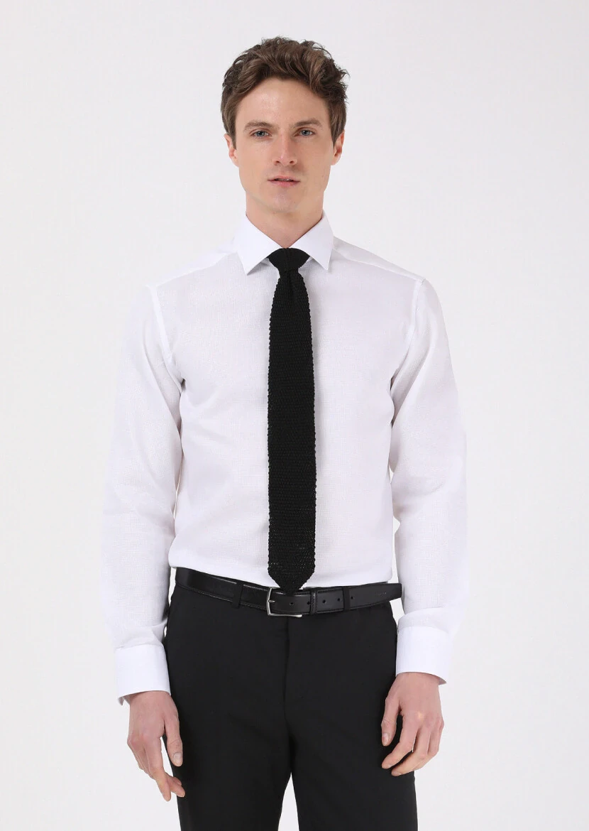 White Regular Fit Weaving Classical 100% Cotton Shirt - 1