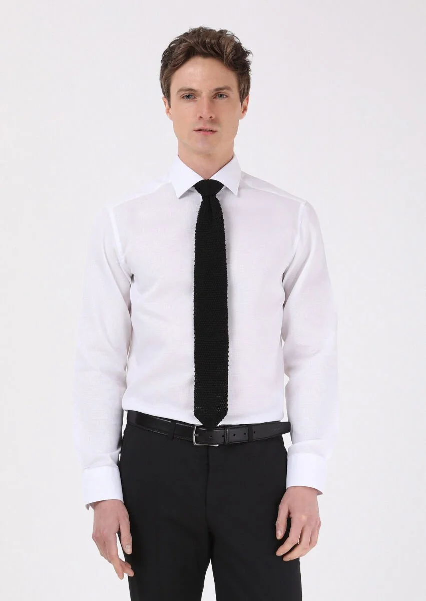 White Regular Fit Weaving Classical 100% Cotton Shirt - 1