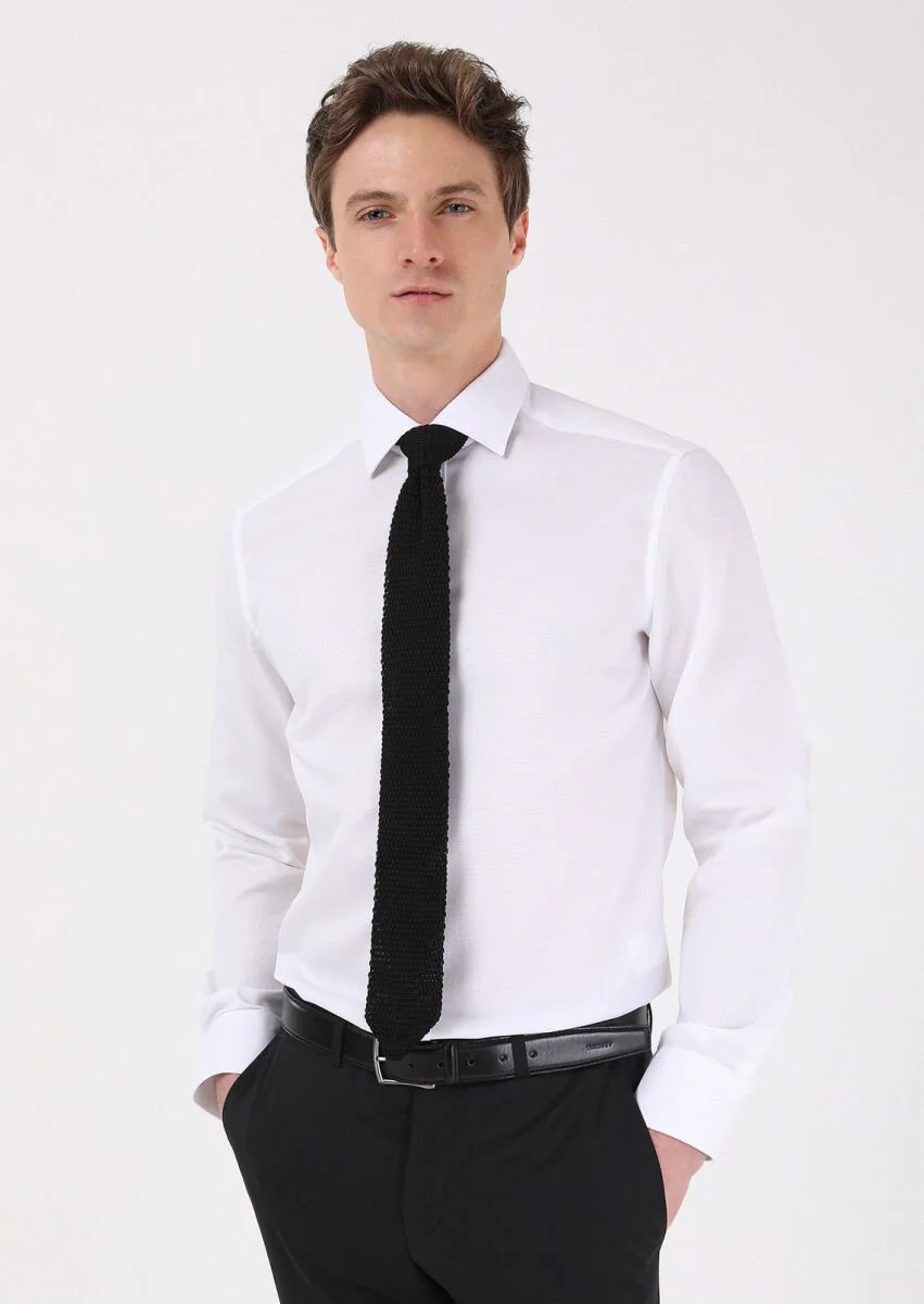 White Regular Fit Weaving Classical 100% Cotton Shirt - 3