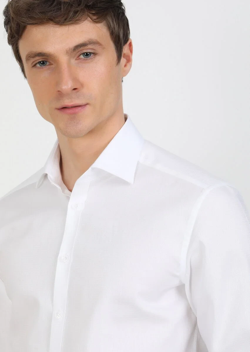 White Regular Fit Weaving Classical 100% Cotton Shirt - 2
