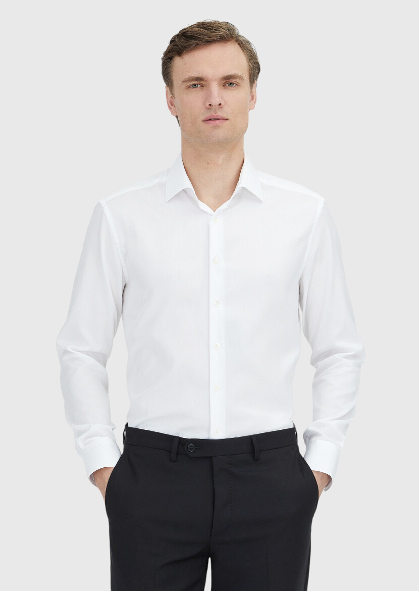 White Regular Fit Weaving Classical 100% Cotton Shirt - 1