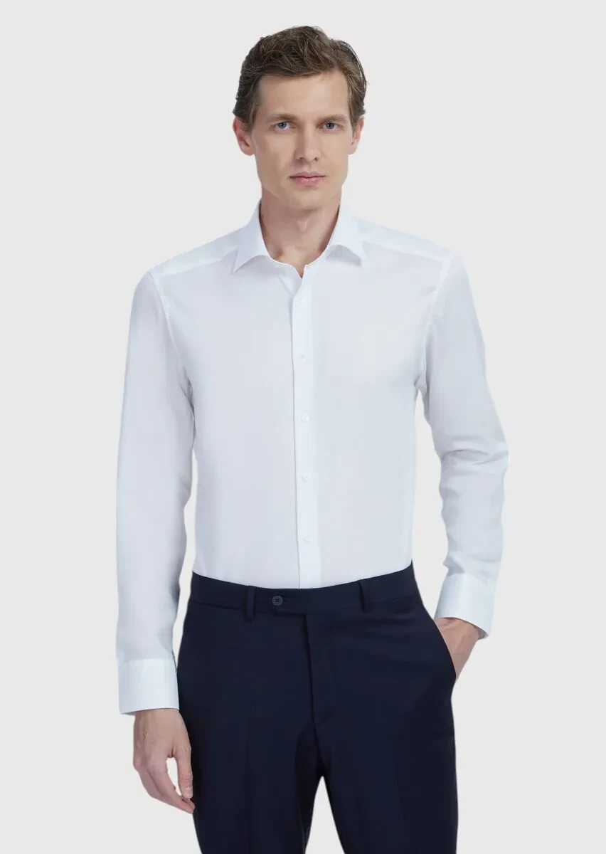 White Regular Fit Weaving Classical 100% Cotton Shirt - 1
