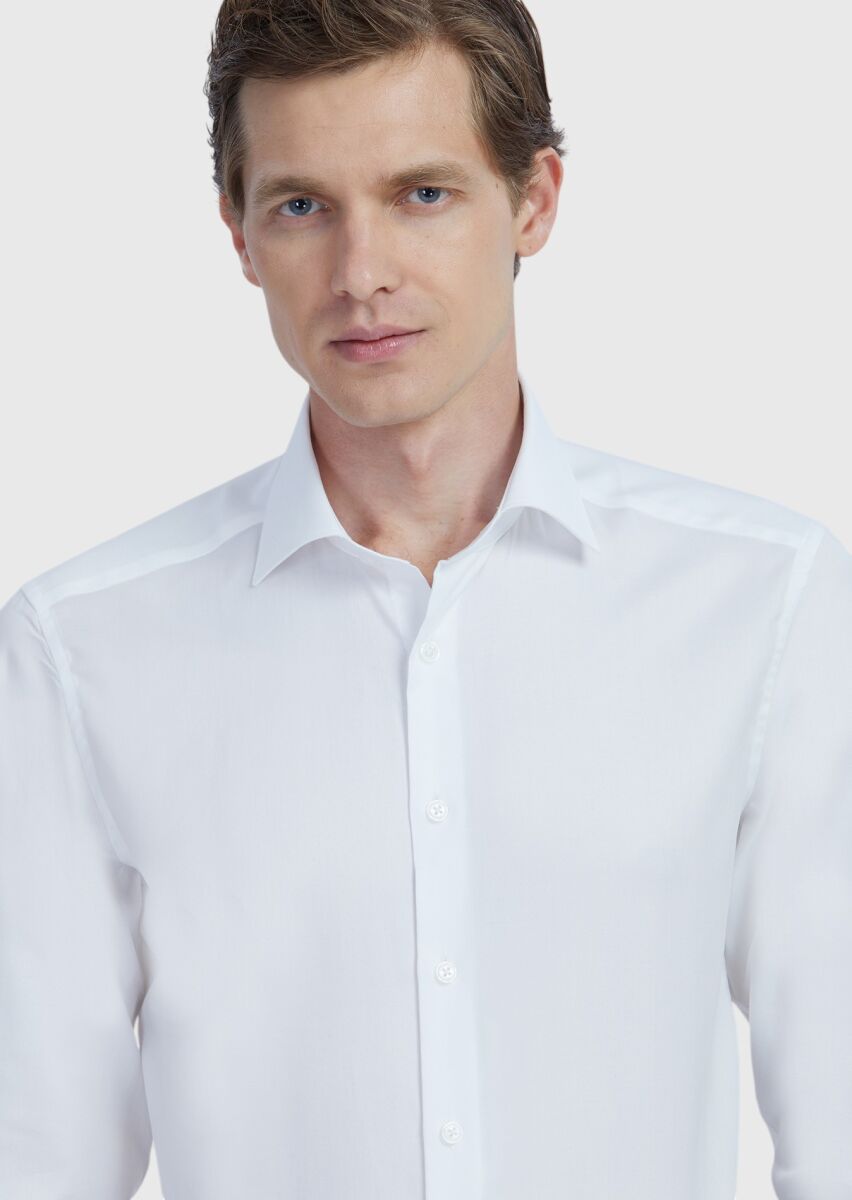 White Regular Fit Weaving Classical 100% Cotton Shirt - 3