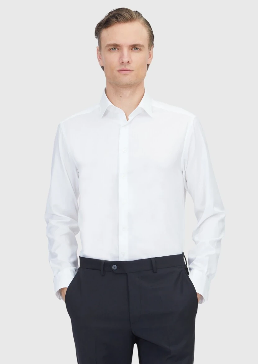 White Regular Fit Weaving Classical 100% Cotton Shirt - 1