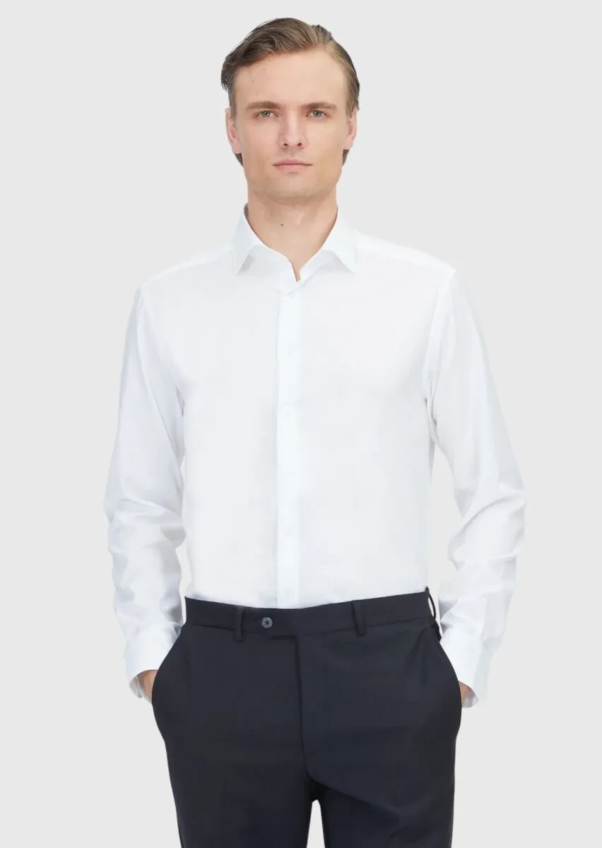 White Regular Fit Weaving Classical 100% Cotton Shirt - 1