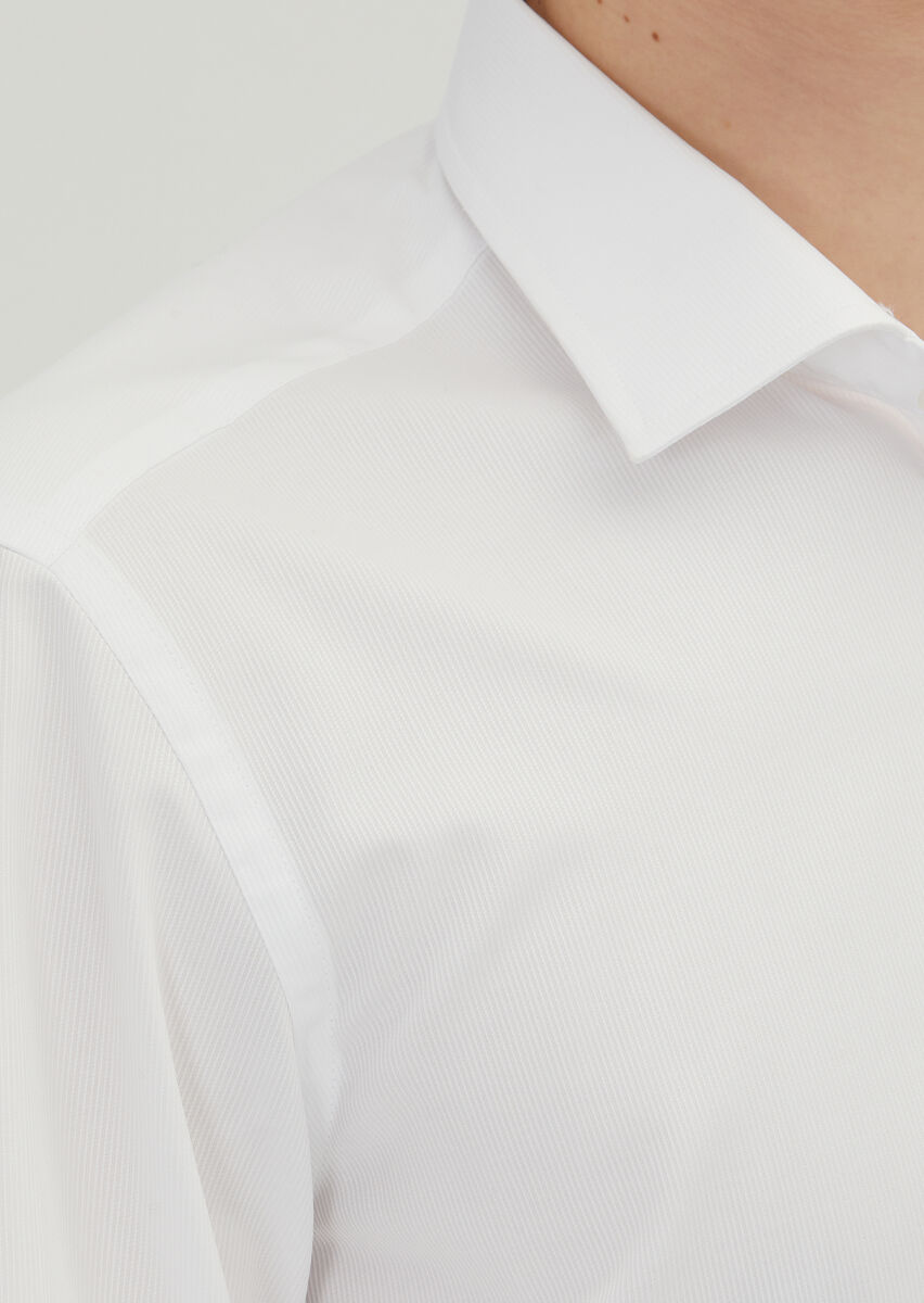 White Regular Fit Weaving Classical 100% Cotton Shirt - 3