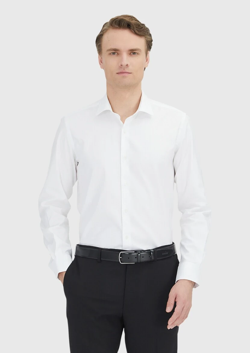 White Regular Fit Weaving Classical 100% Cotton Shirt - RAMSEY