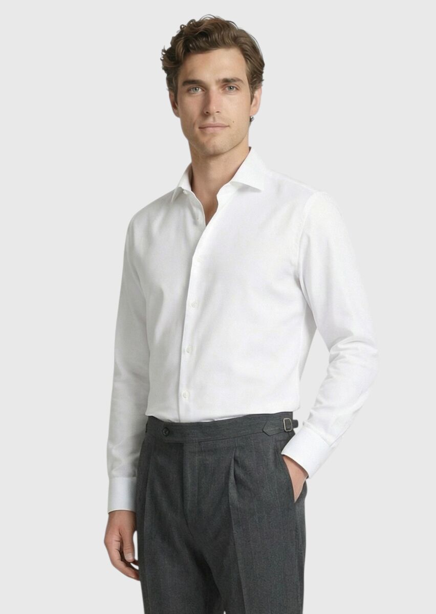 White Regular Fit Weaving Classical 100% Cotton Shirt - 3