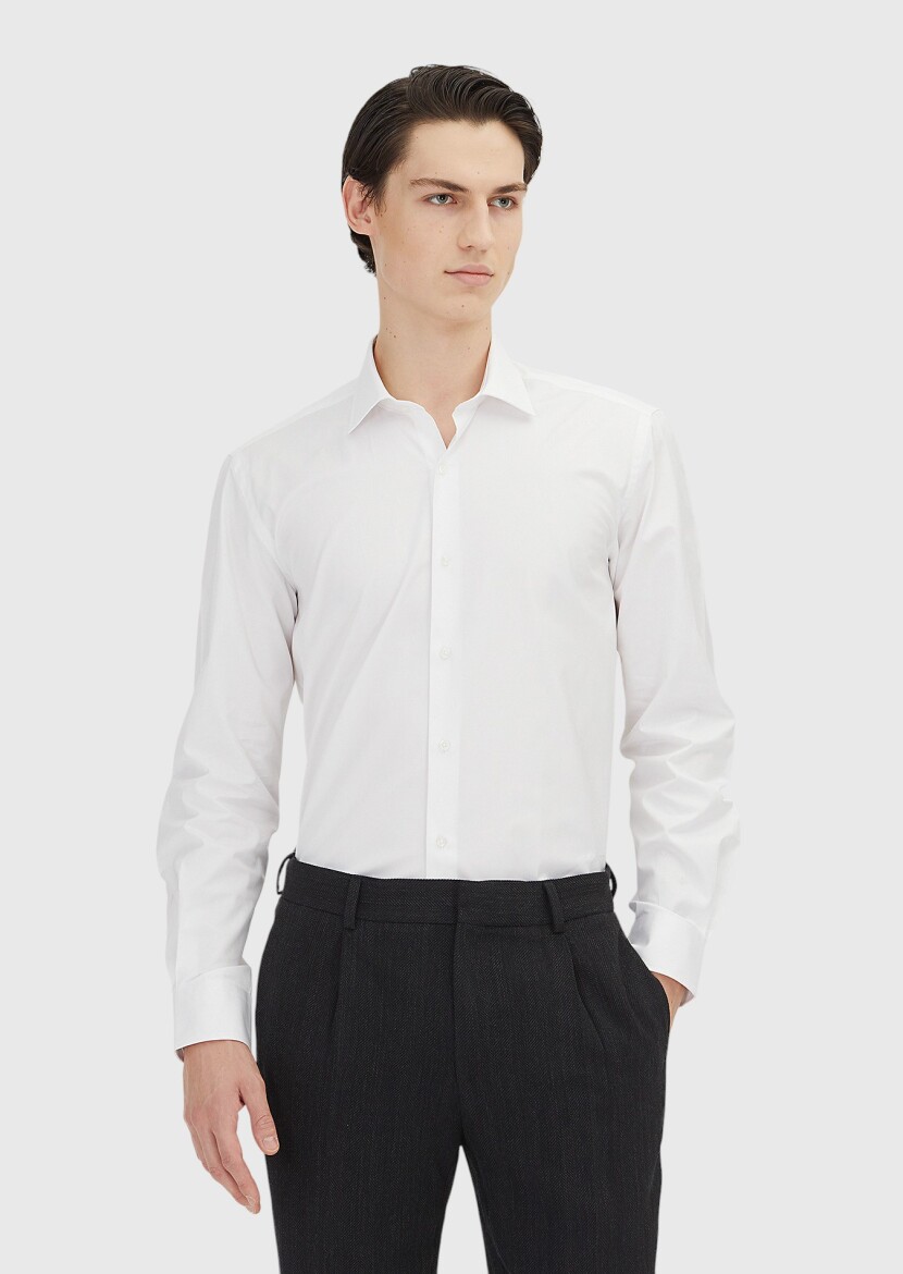 White Regular Fit Weaving Classical 100% Cotton Shirt - RAMSEY
