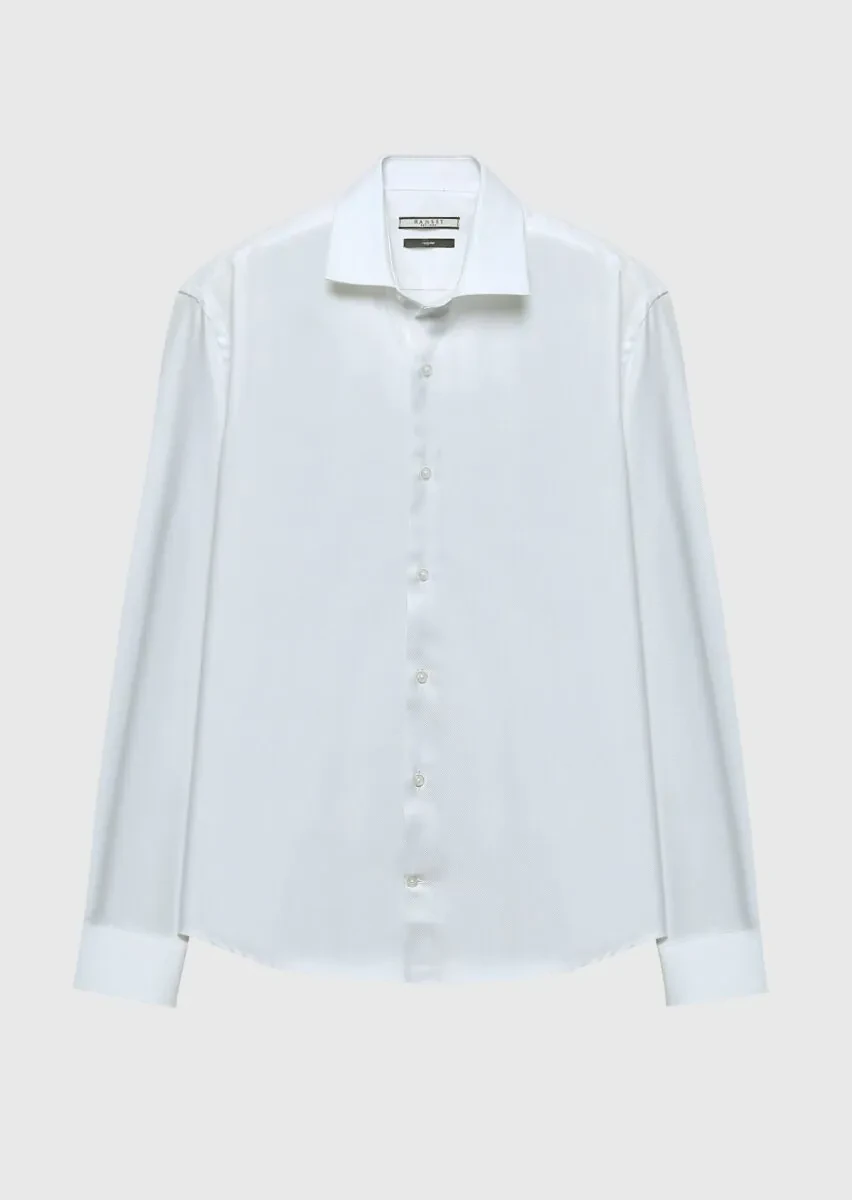 White Regular Fit Weaving Classical 100% Cotton Shirt - 1