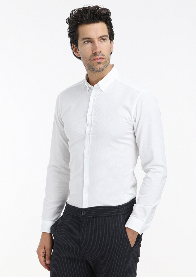 White Ribbed Regular Fit Long Weaving Casual 100% Cotton Shirt 