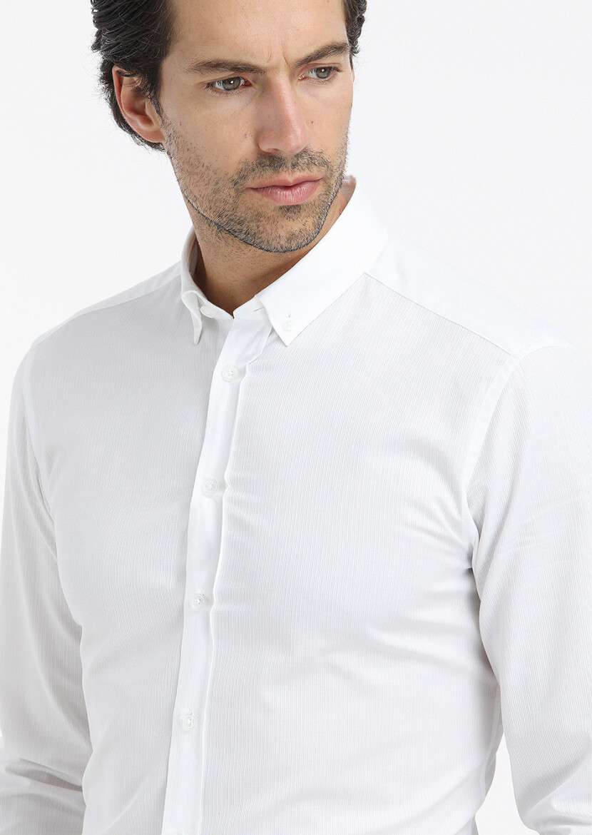 White Ribbed Regular Fit Long Weaving Casual 100% Cotton Shirt - 3