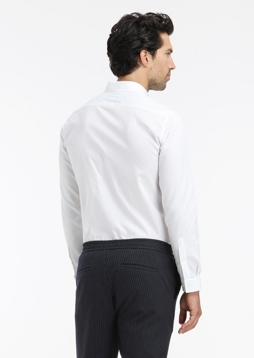 White Ribbed Regular Fit Long Weaving Casual 100% Cotton Shirt - 5