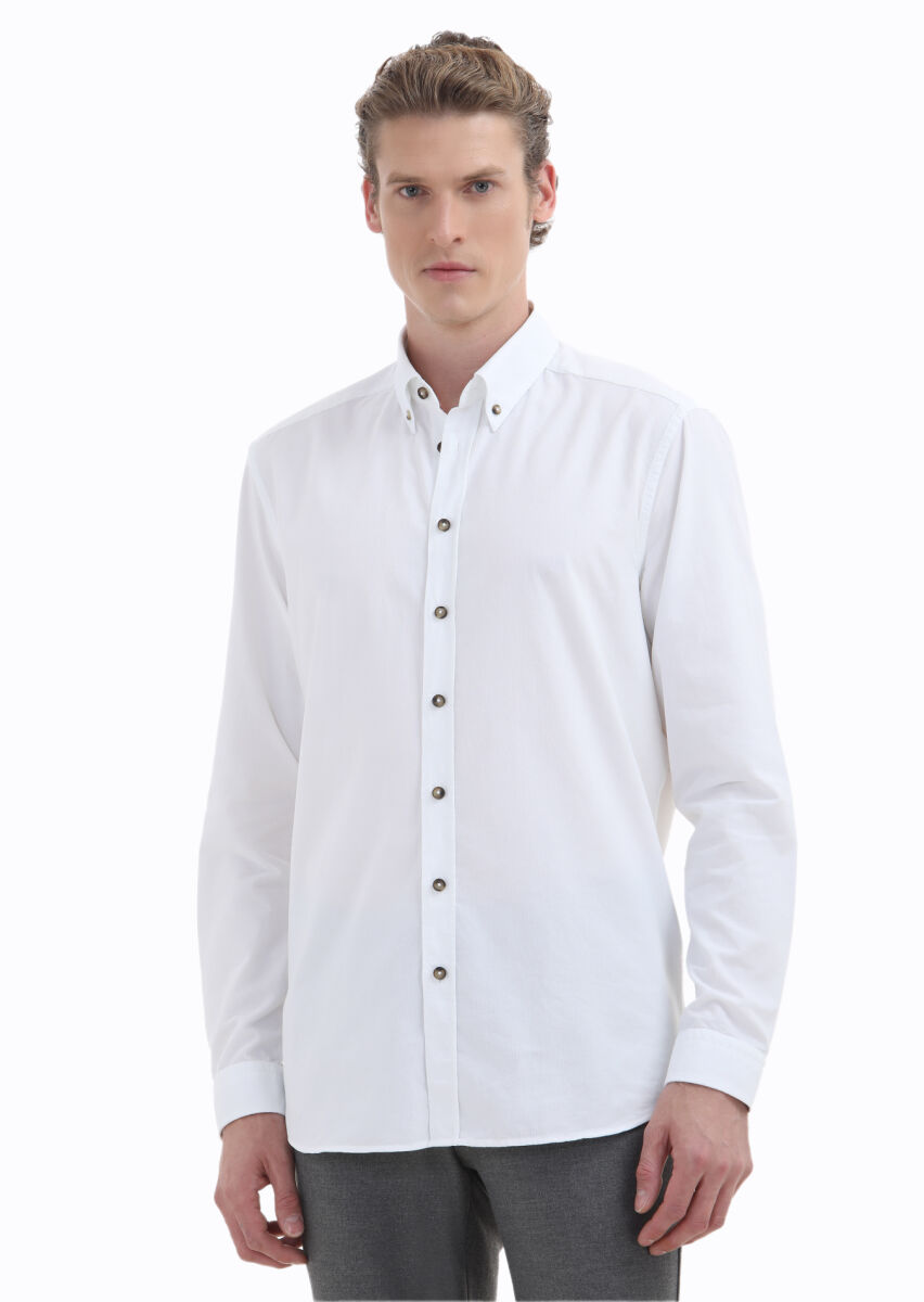 White Ribbed Regular Fit Long Weaving Casual 100% Cotton Shirt - 1