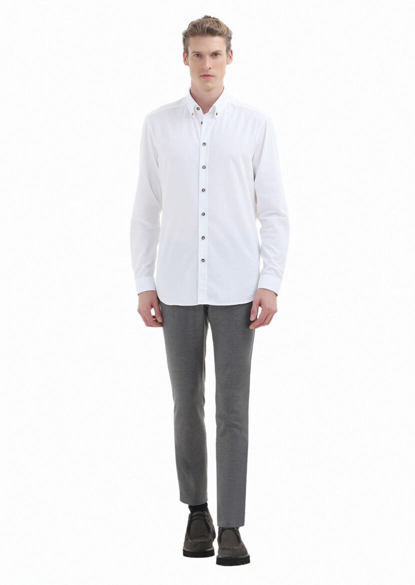 White Ribbed Regular Fit Long Weaving Casual 100% Cotton Shirt 