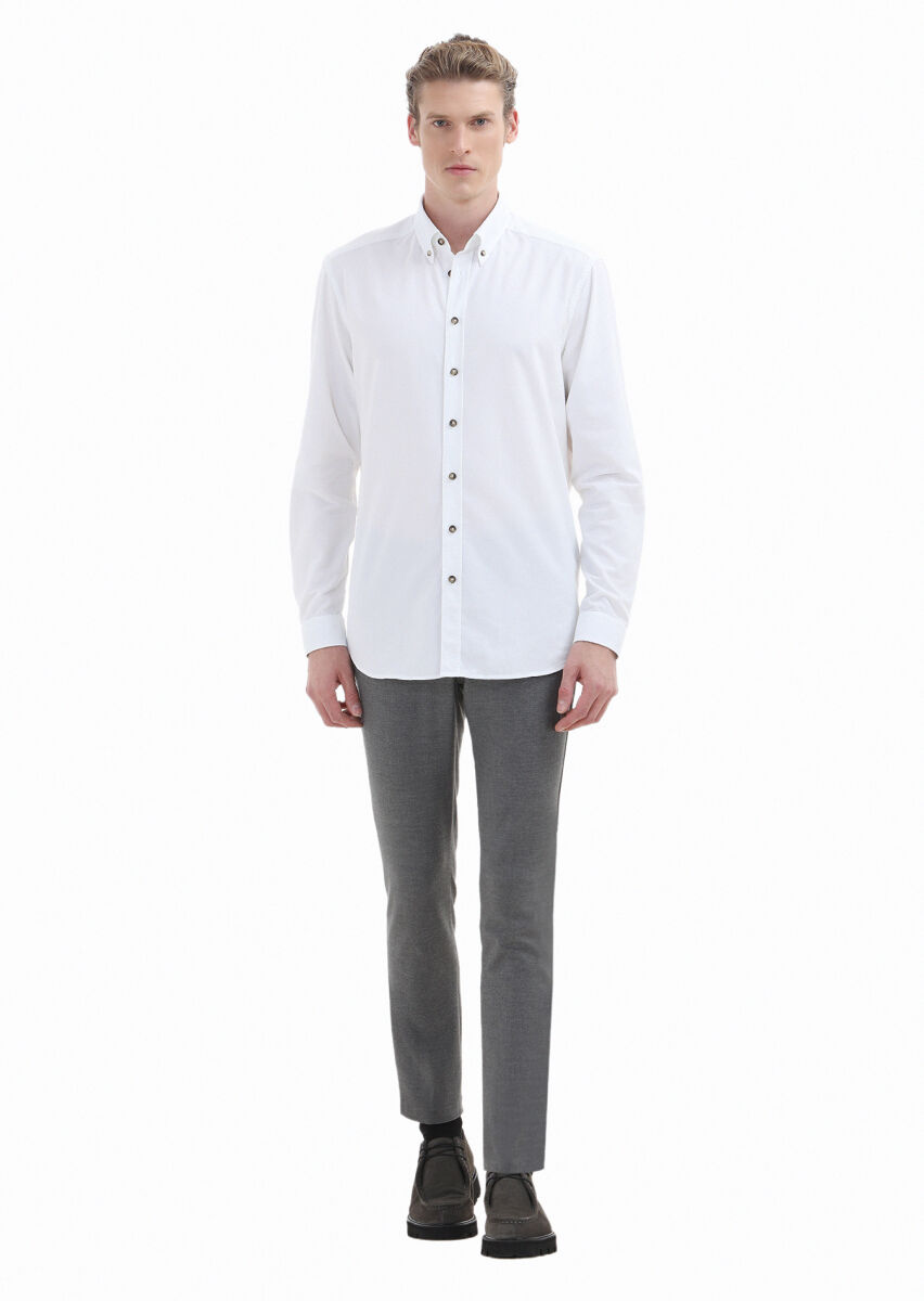 White Ribbed Regular Fit Long Weaving Casual 100% Cotton Shirt - 2