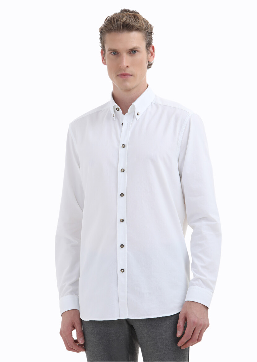 White Ribbed Regular Fit Weaving Casual 100% Cotton Shirt 