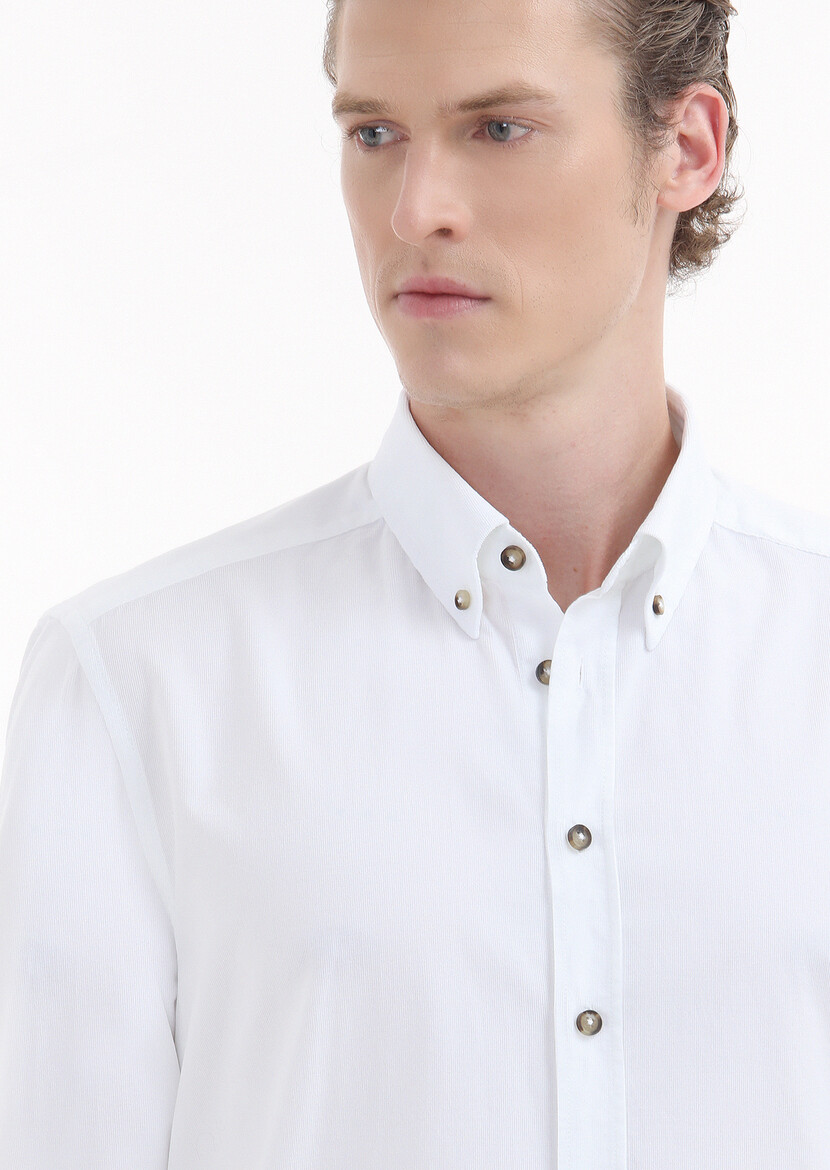 White Ribbed Regular Fit Weaving Casual 100% Cotton Shirt - 3