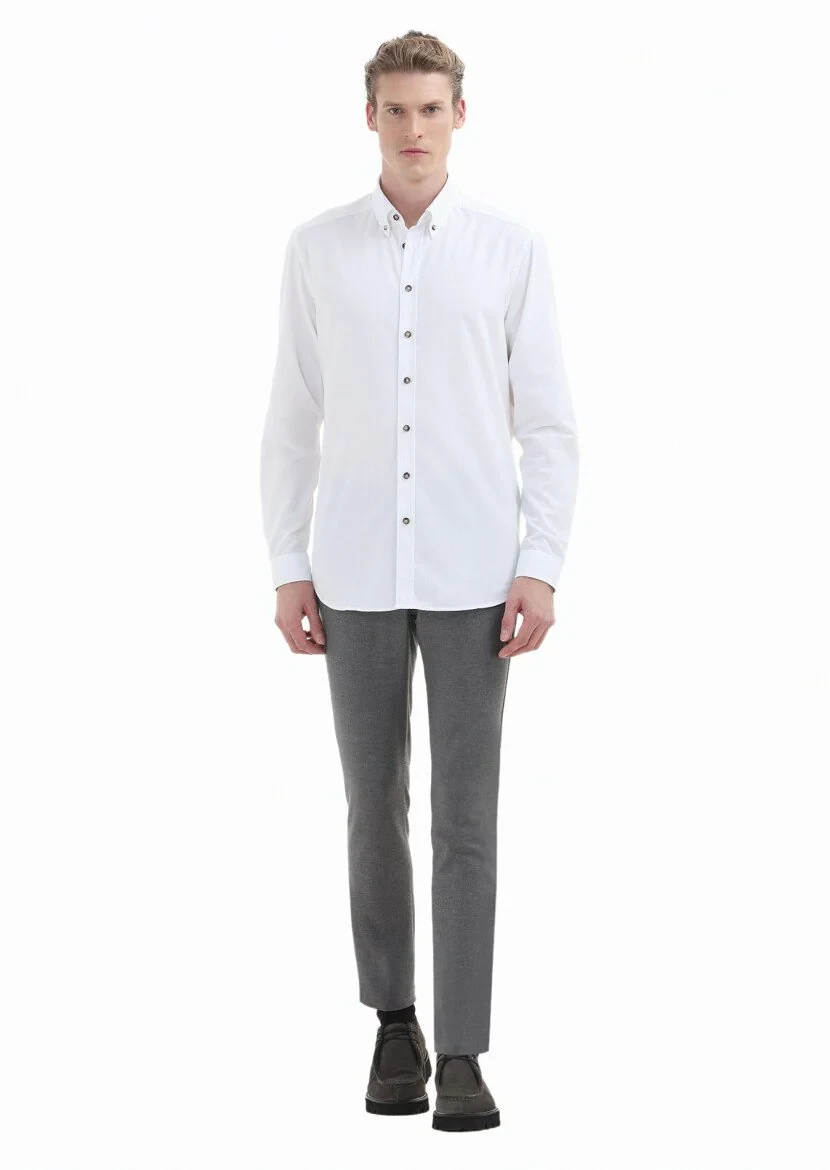 White Ribbed Regular Fit Weaving Casual 100% Cotton Shirt 