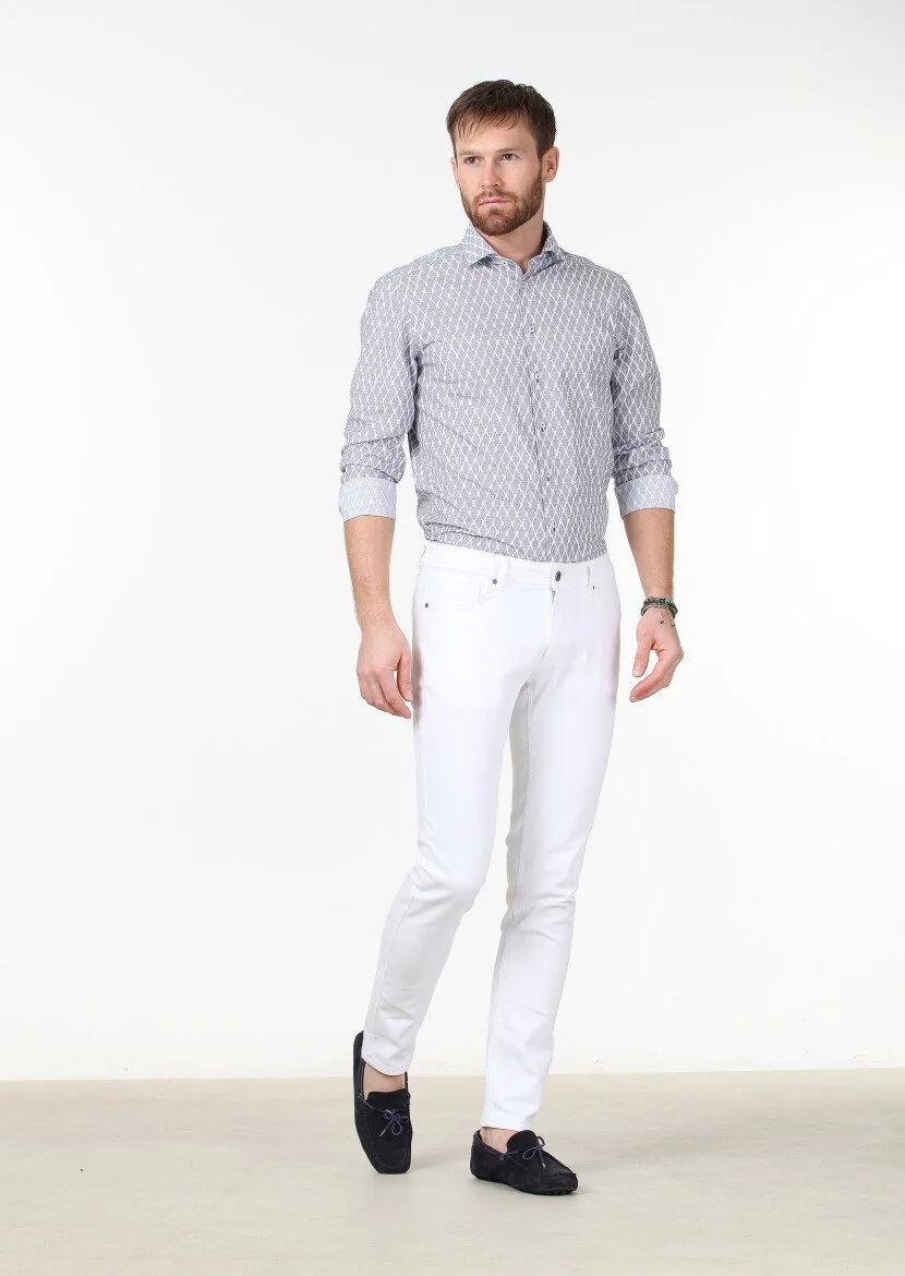 White Slim Fit Denim Cotton Blended Trousers - 1