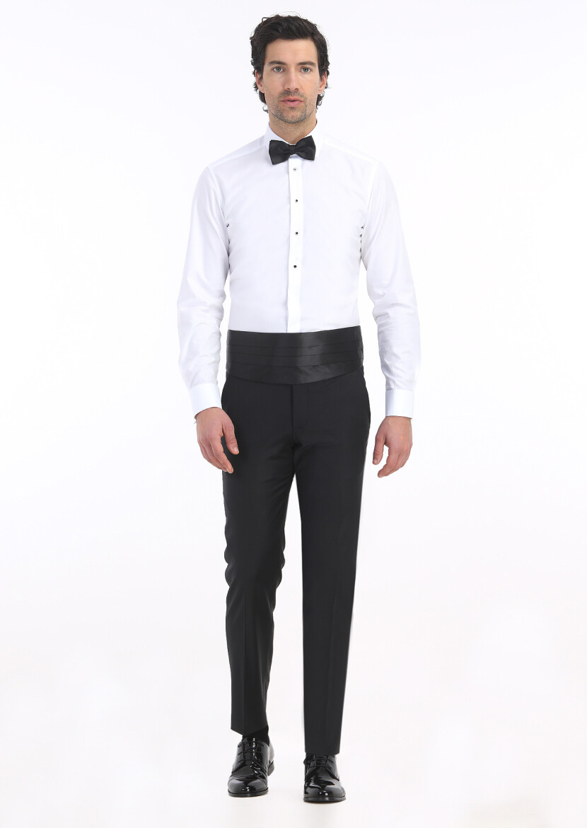 White Plain Slim Fit Double Cuff Classic Collar Tuxedo Shirts - RAMSEY