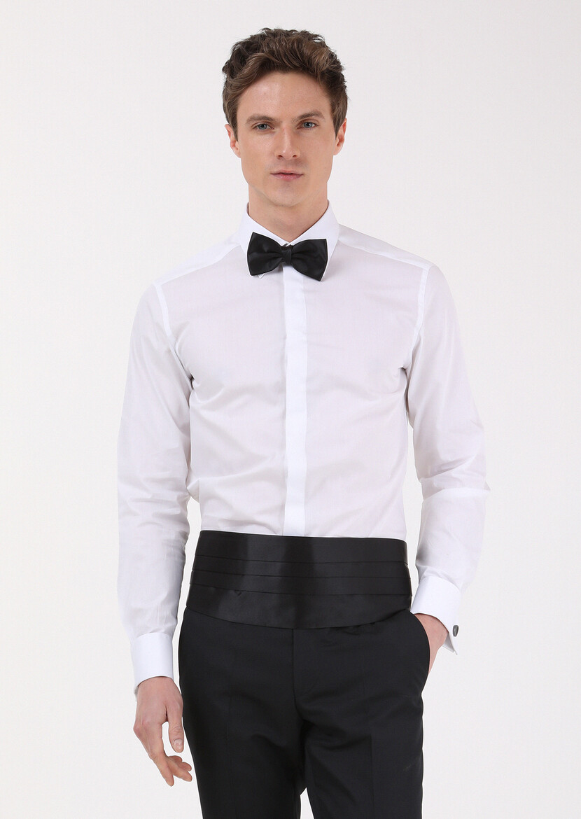 White Slim Fit Double Cuff Pointed Collar Tuxedo Shirts - 2