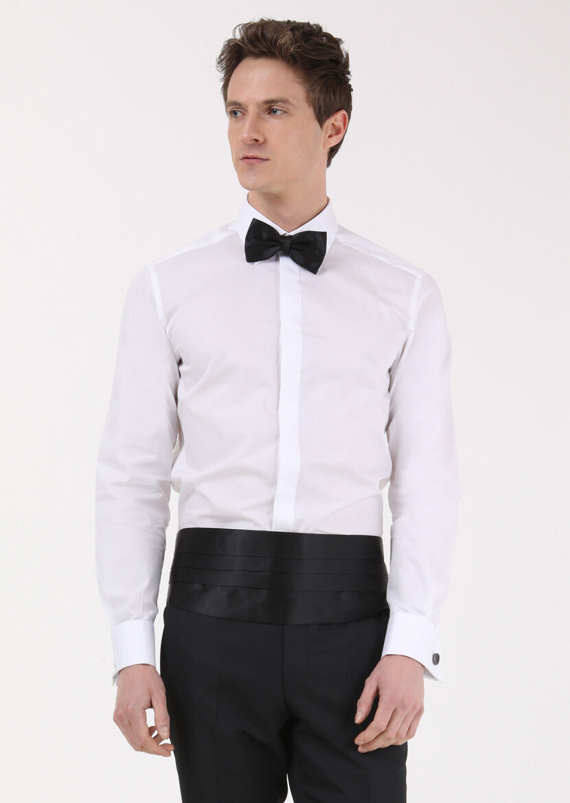 White Slim Fit Double Cuff Pointed Collar Tuxedo Shirts 