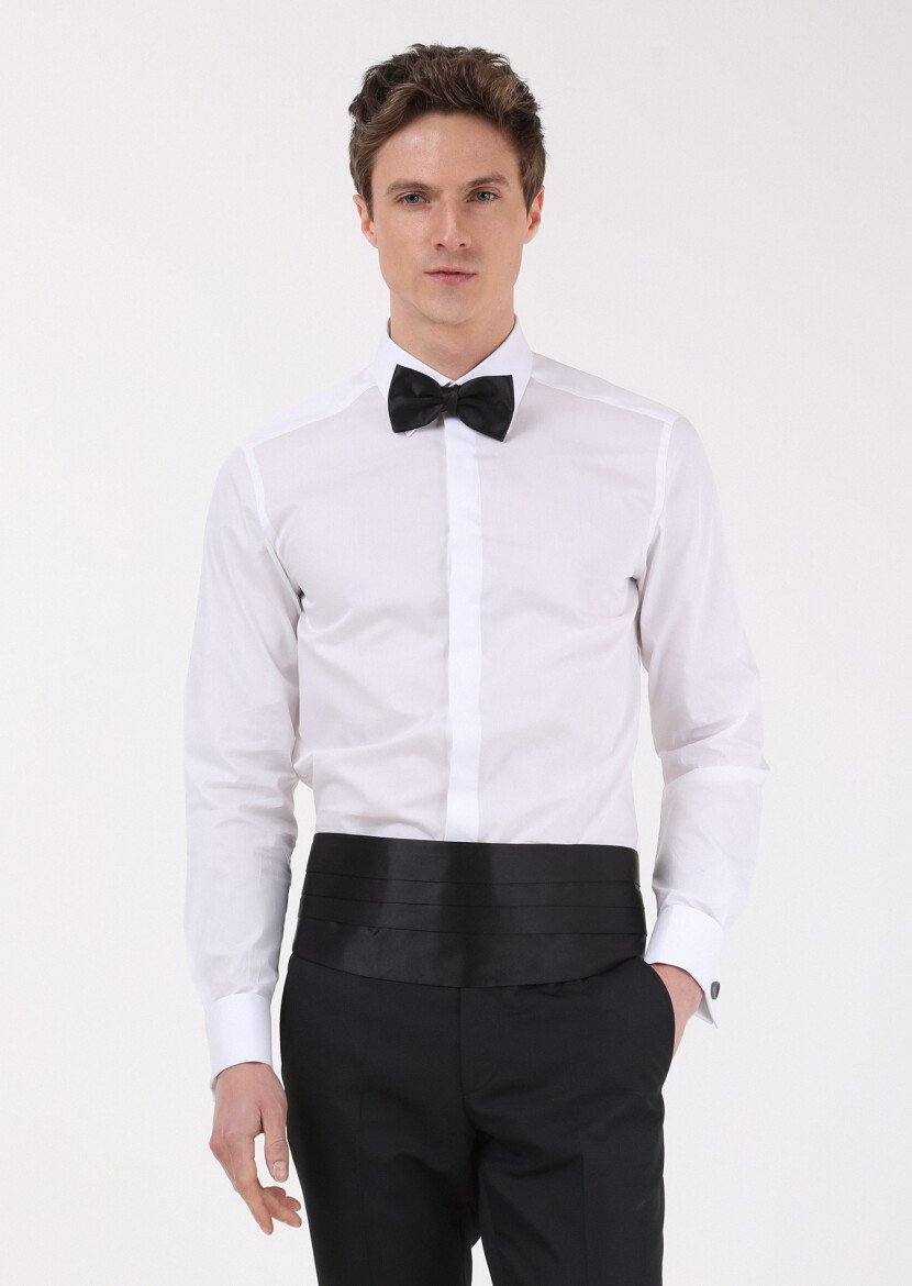 White Slim Fit Double Cuff Pointed Collar Tuxedo Shirts 