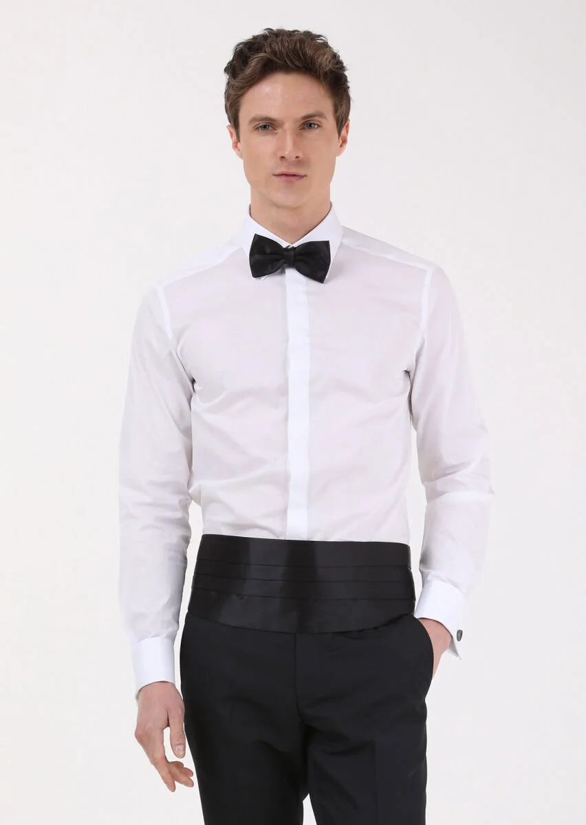White Slim Fit Double Cuff Pointed Collar Tuxedo Shirts - 2