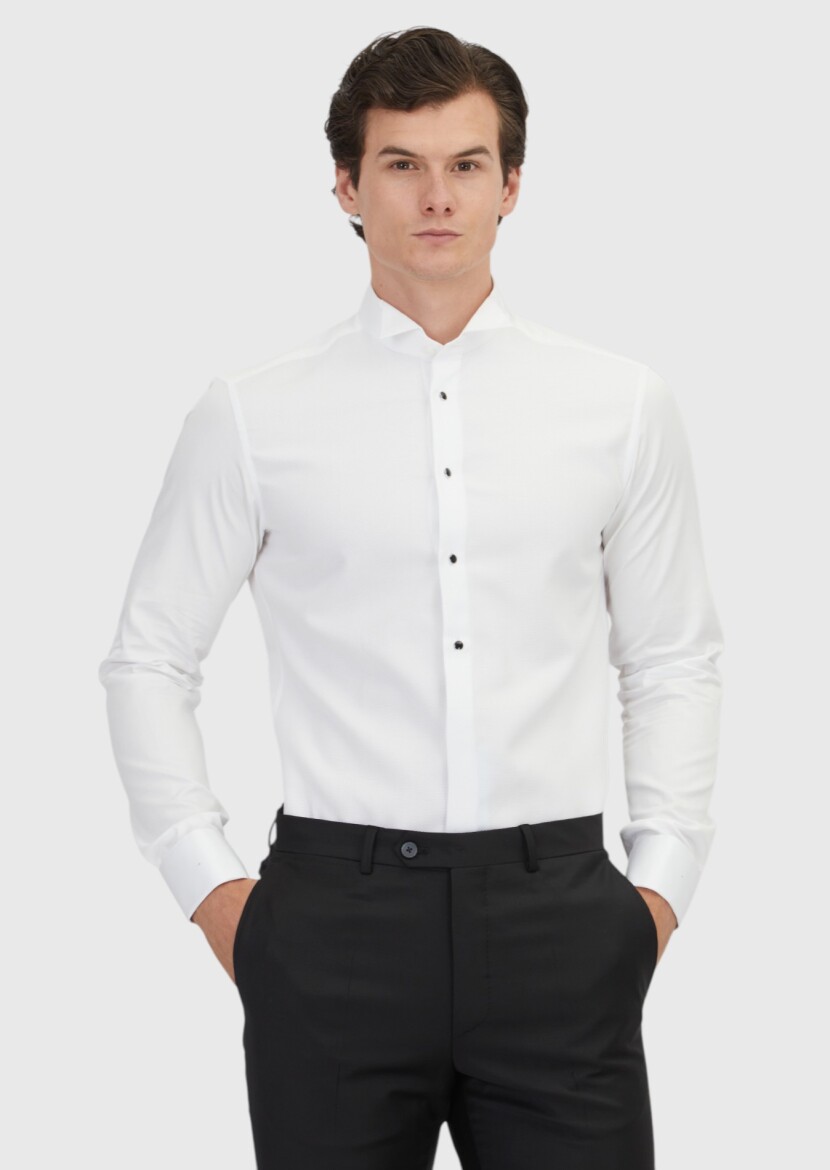 White Slim Fit Flat Cuff Tuxedo Shirts - RAMSEY