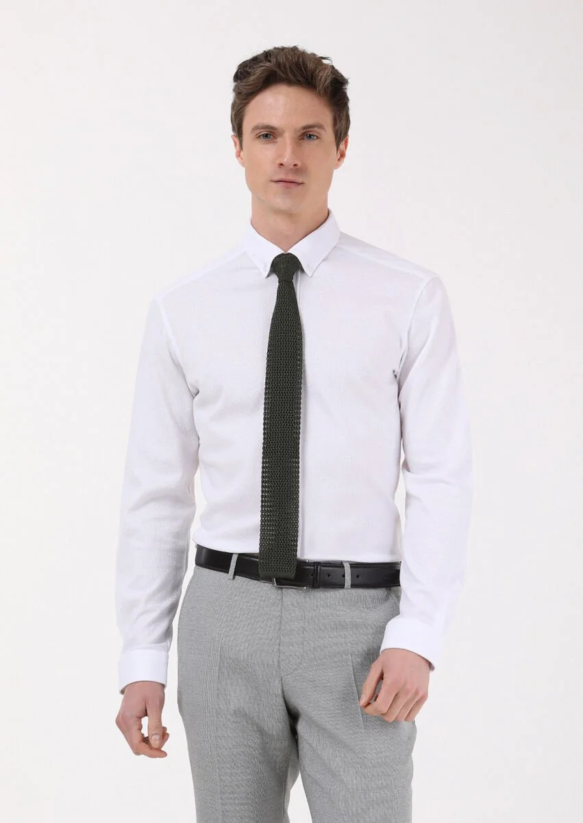 White Slim Fit Knitting Casual 100% Cotton Shirt - 1