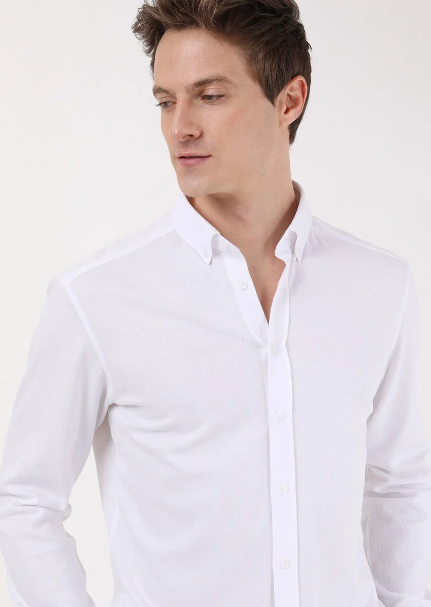 White Slim Fit Knitting Casual 100% Cotton Shirt - 2